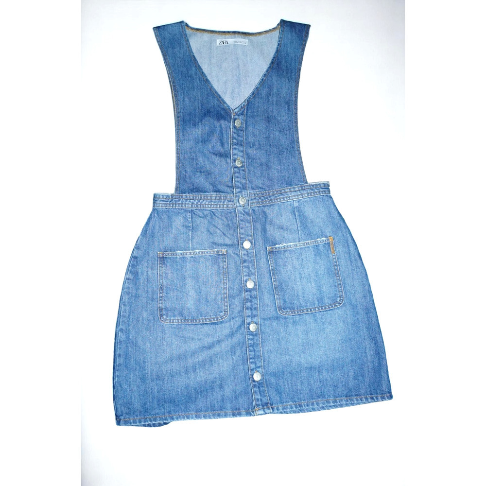 Zara Denim Pinafore Dress Women’s M Button Front Patch Pocket Layered Y2K - Picture 4 of 7